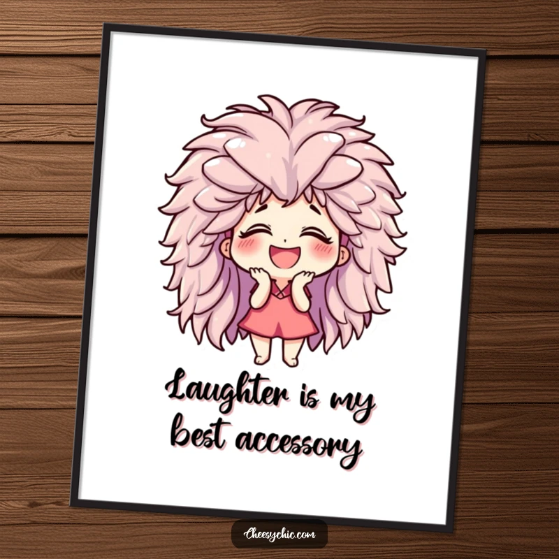 Funny poster of a small stylized character giggling uncontrollably, a massive fluffy wig on its head, radiating absolute comedic delight.