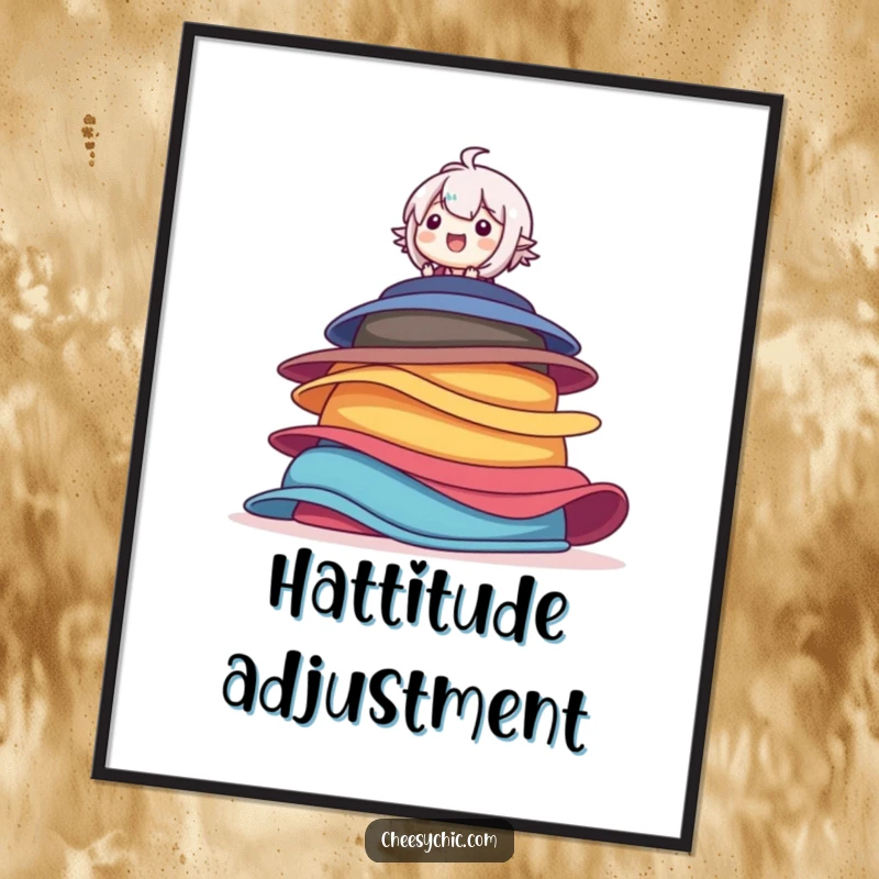 Funny poster depicting a character in a precarious balance atop a towering stack of vibrant hats, exuding pure delight.