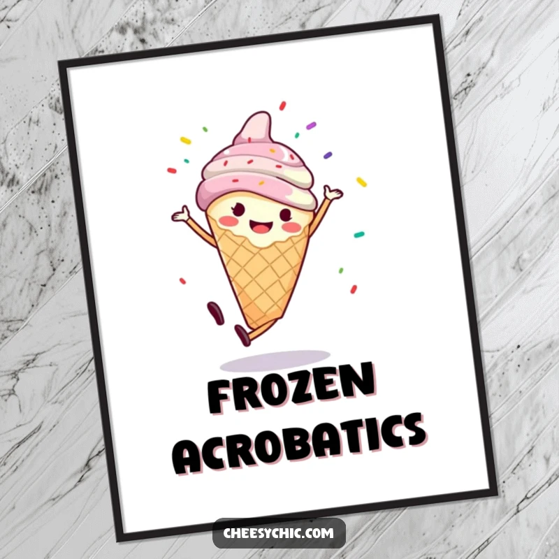 Funny poster featuring a smiling anthropomorphic ice cream cone performing a cartwheel with sprinkles flying, a delightful piece of sweet art.