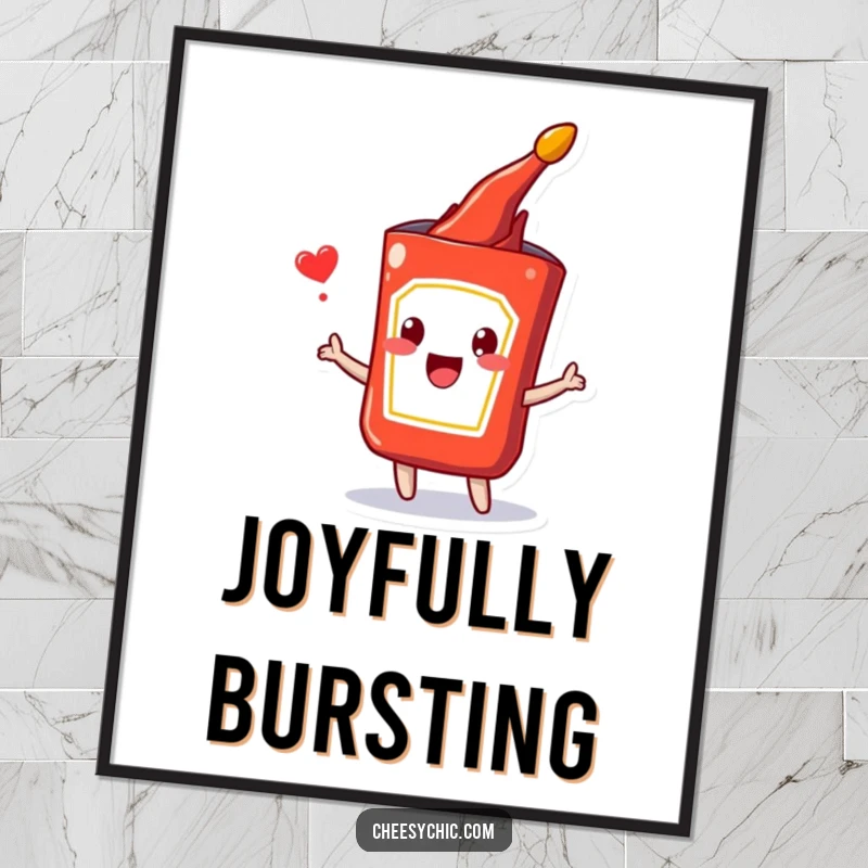 Funny poster featuring a cute anthropomorphic ketchup packet happily bursting with energy and joy, perfect for kitchen or dining areas.