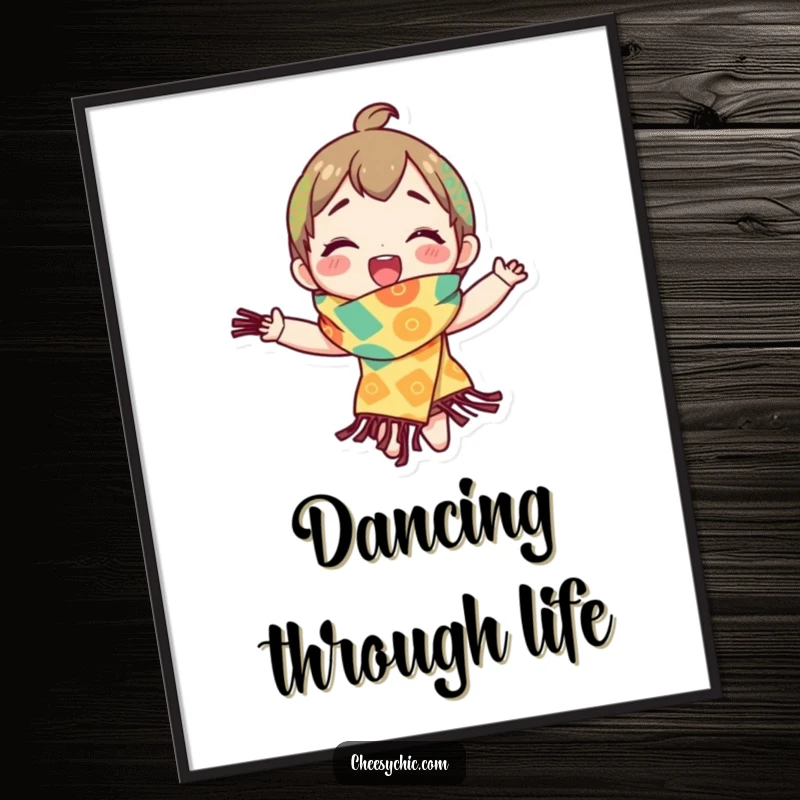 Funny poster illustrating a character in a striking, patterned scarf spinning with ecstatic delight, capturing pure movement and joy.