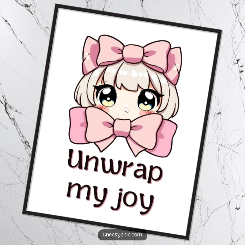 Funny poster depicting a character with huge, sparkling eyes peeking playfully from behind an oversized, attractive bow.