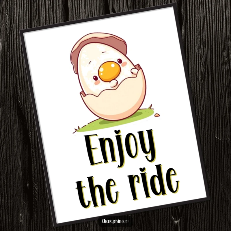 Funny poster featuring a charming anthropomorphic egg rolling playfully downhill in its shell, bringing whimsical joy to walls.