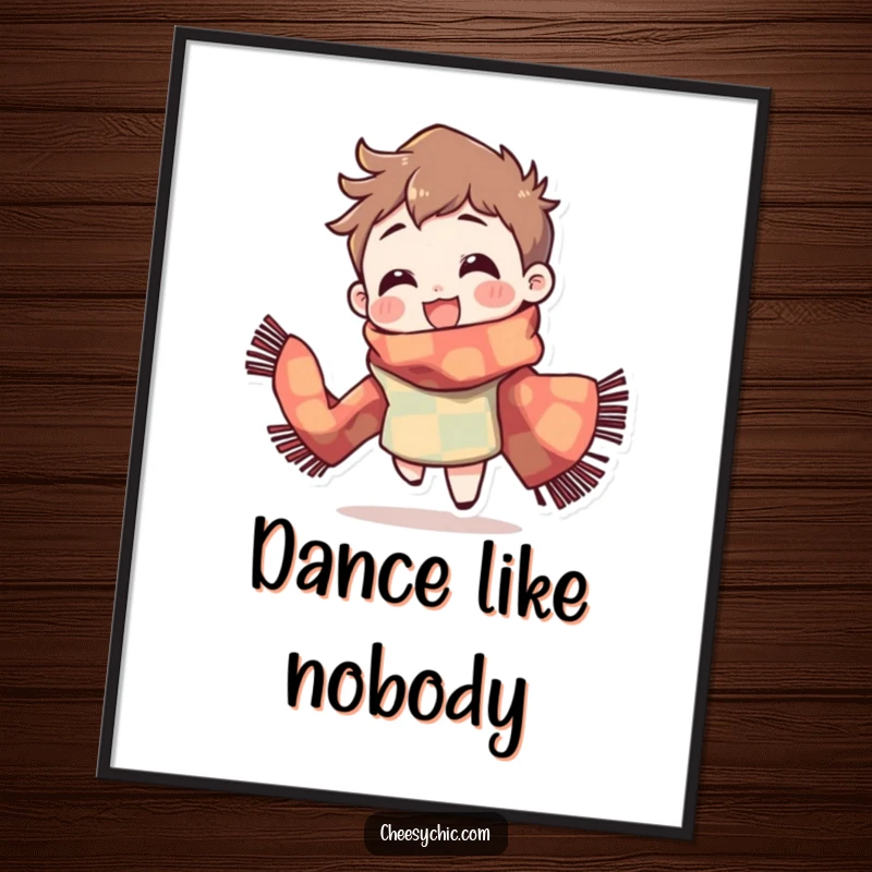 Funny Poster: Character wearing a brightly patterned scarf, spinning with a delighted expression, vibrant and joyful art.