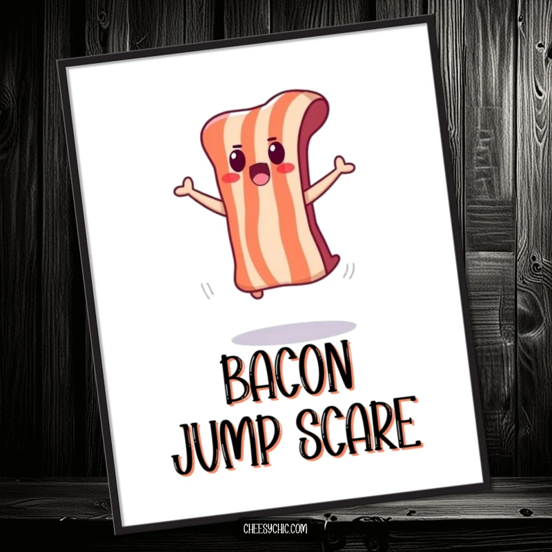 Funny poster illustrating a cute bacon strip doing a surprised jump, with eyes wide in shock.