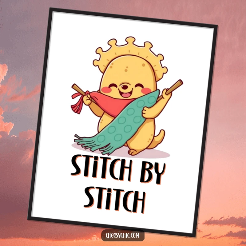 Funny poster showcasing a smiling anthropomorphic taco enthusiastically knitting a giant scarf, bringing a cozy vibe.