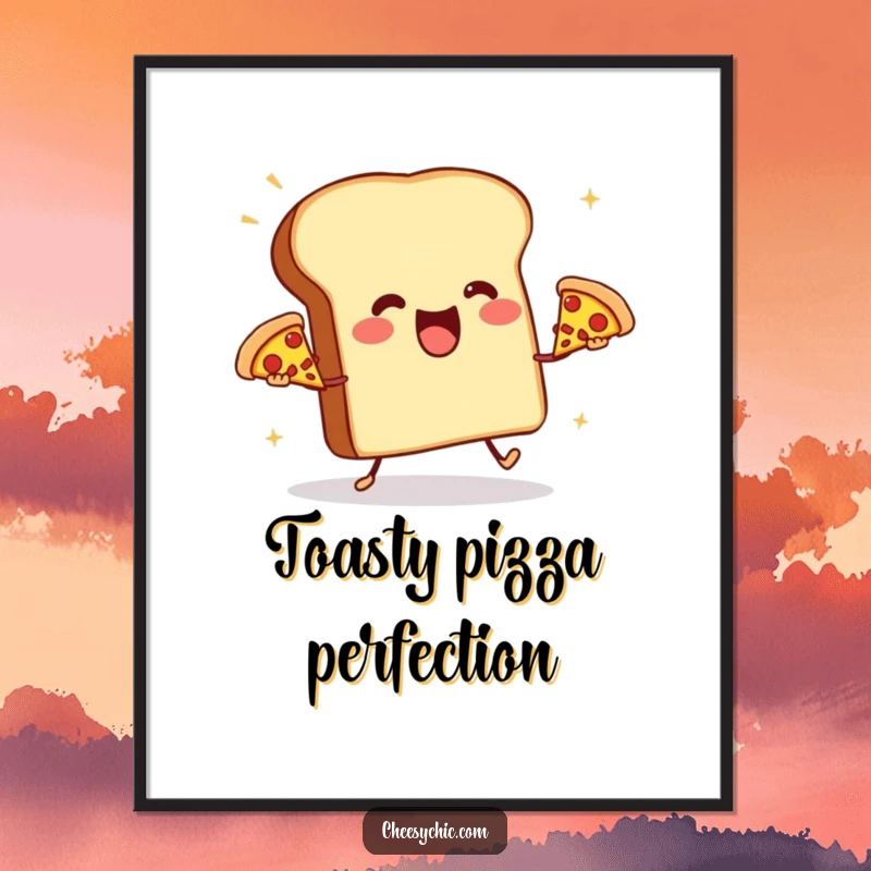 Funny poster featuring a happy anthropomorphic toast aggressively juggling three miniature pizzas, a vibrant piece of food-themed art.