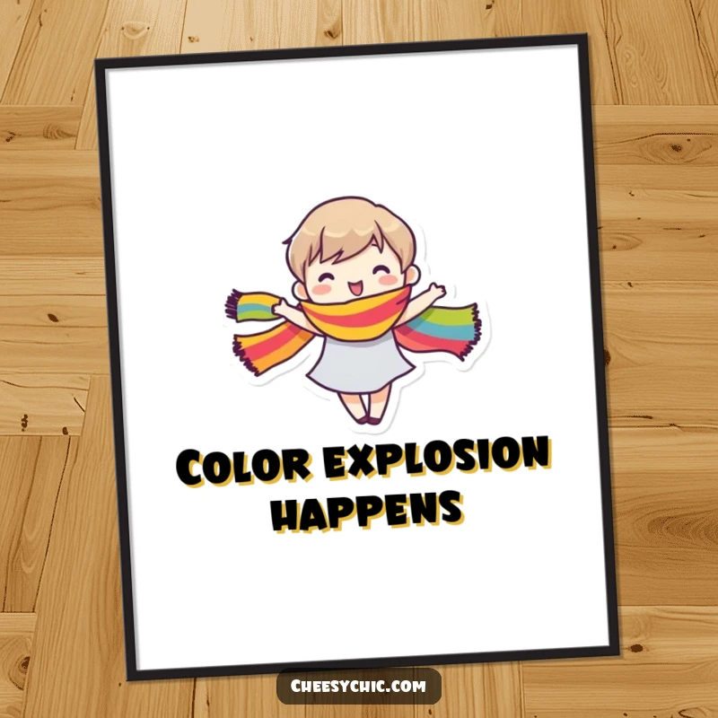 Funny Poster print of a small stylized character joyfully dancing, the rainbow scarf creating a dynamic, colorful swirl.