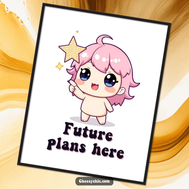 Funny poster art of an animated character enthusiastically indicating a large, brilliant star, evoking joy and ambition.