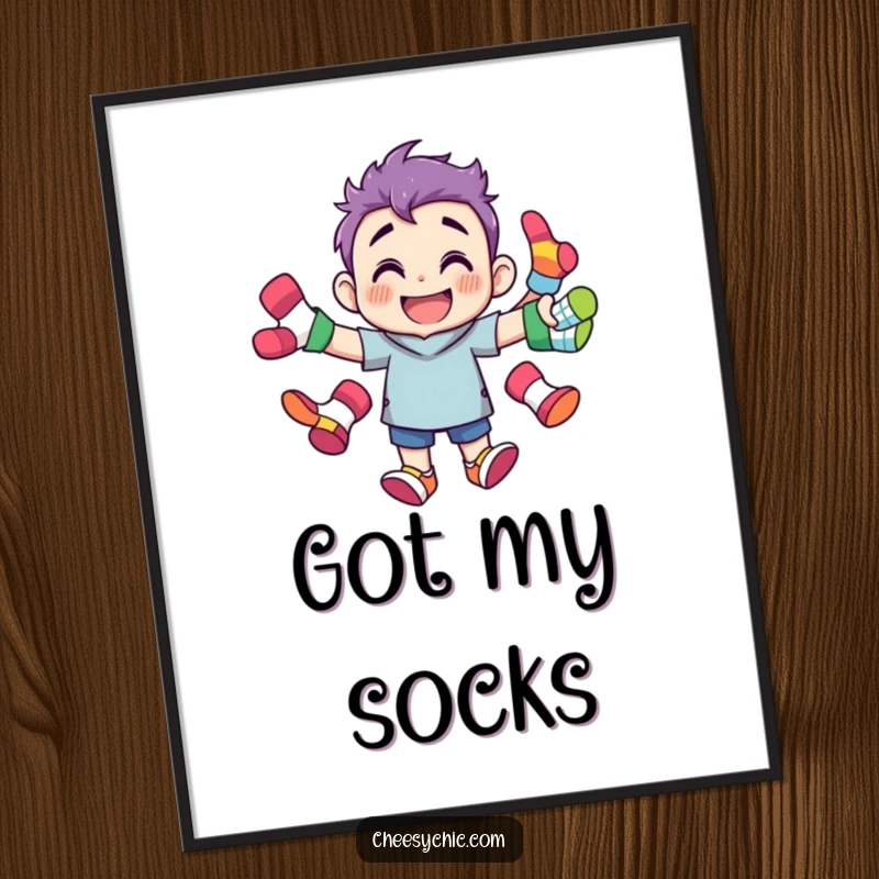 Funny poster of a character with a wide grin, skillfully juggling multiple brightly colored, mismatched socks, celebrating domestic fun.