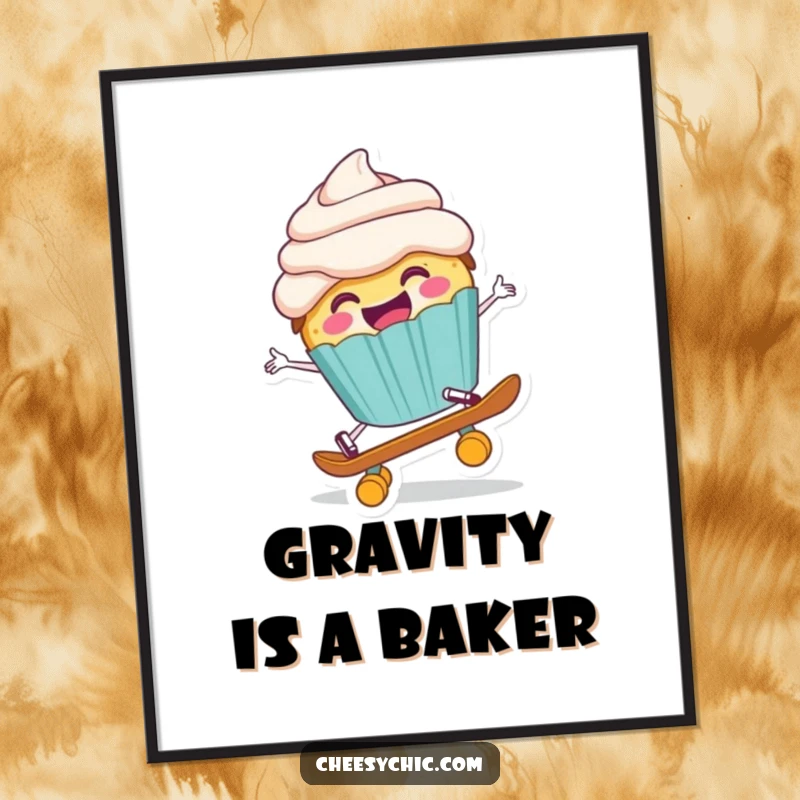 Funny poster art of a happy anthropomorphic cupcake comically falling off a tiny skateboard, captured in a moment of sweet mishap.