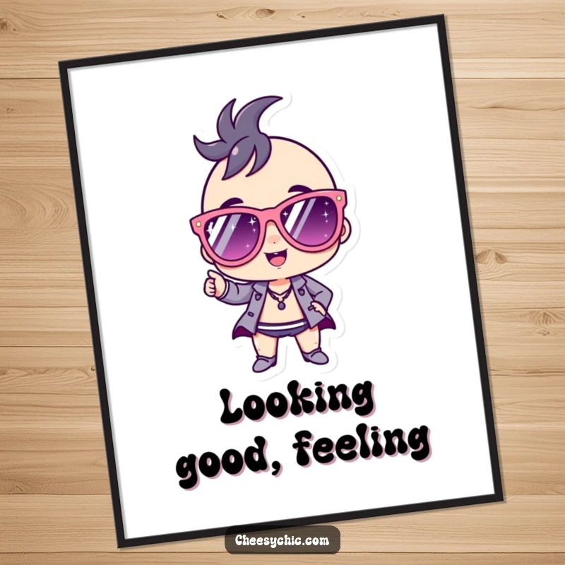 Funny Poster print of a small stylized character wearing oversized, glittery sunglasses and striking a bold, confident, and fashionable pose.