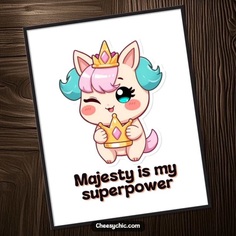 Funny poster of a stylized character winking sultrily, a tiny crown held aloft, conveying a spirit of playful mischief and regal fun.