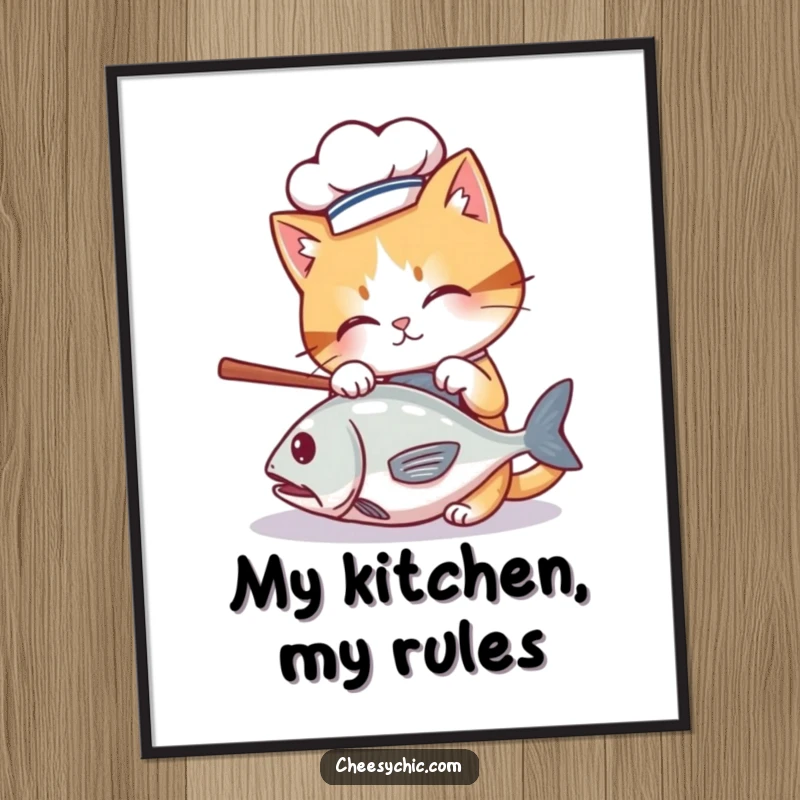 Funny poster of a cute cat wearing a chef hat, batting at a rolling fish, culinary and charming wall art.