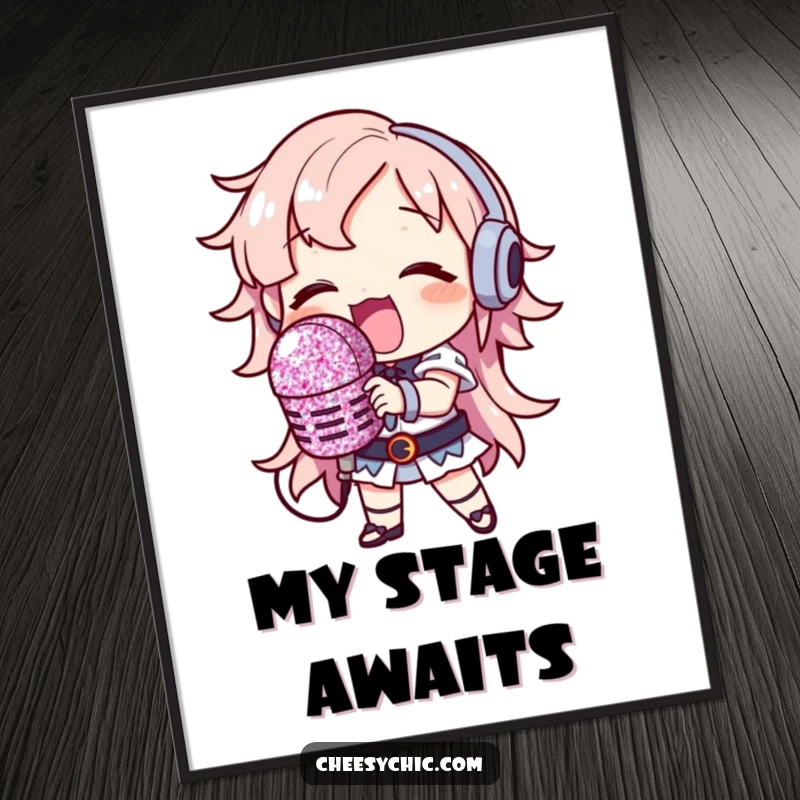 Funny Poster: Character singing loudly with a ridiculously large, glitter-covered microphone, vibrant and humorous wall art.