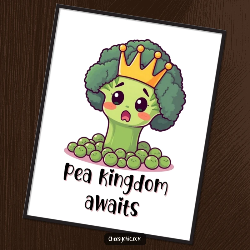 Funny poster print of a surprised broccoli floret wearing a tiny crown, majestically ruling over a court of peas, in a regal setting.