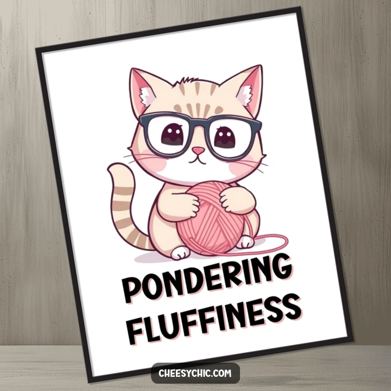 Funny poster of a cute cat wearing reading glasses, looking thoughtfully at a yarn ball, intellectual and humorous wall decor.