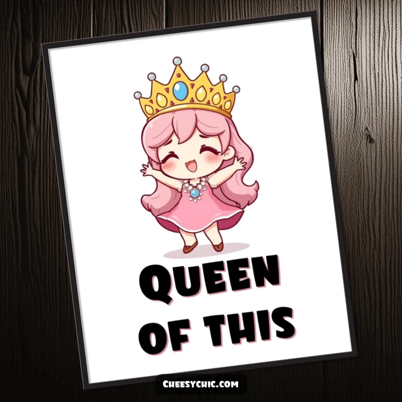 Funny poster featuring a character with an oversized, heavily sequined tiara, performing an energetic, joyful little dance.