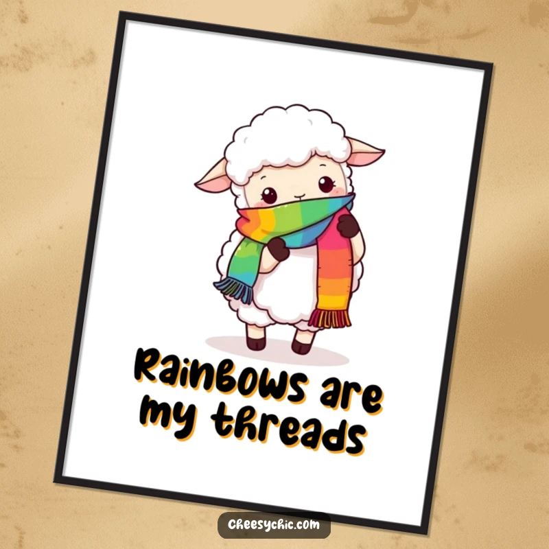 Funny poster print of a fluffy sheep hilariously attempting to knit a colorful rainbow scarf with its hooves, isolated on white.