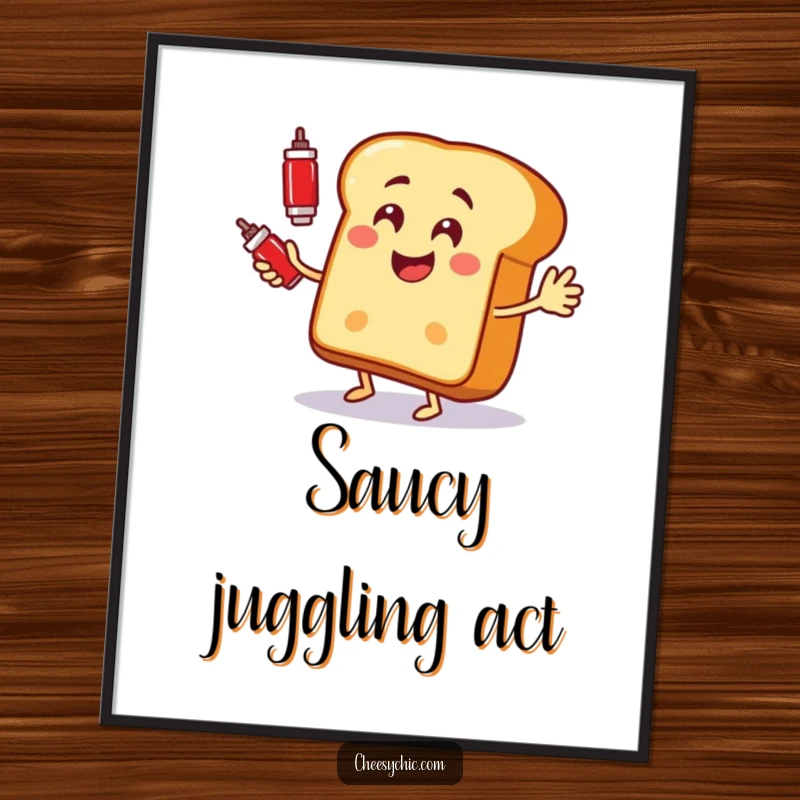 Funny poster illustrating a cheerful bread slice enthusiastically juggling two bottles of ketchup.