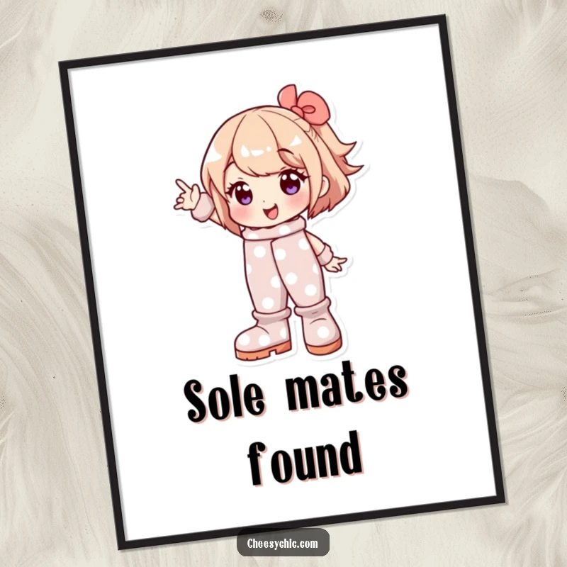 Funny poster art of a character in huge polka dot boots striking a confident, cheerful pose, evoking joy and self-expression.