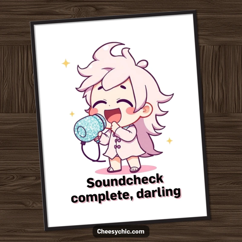 Funny poster illustrating a character owning the stage with a gigantic, bedazzled glitter microphone, full of showmanship.