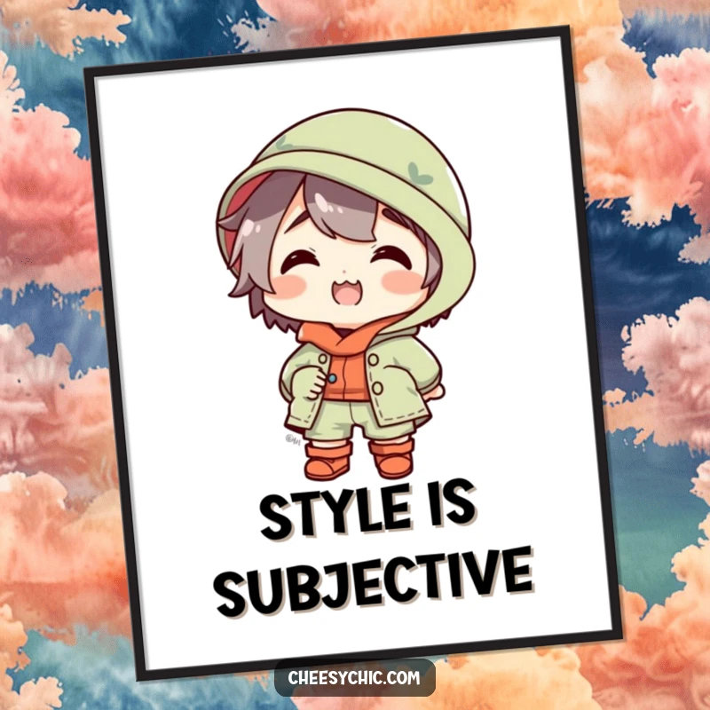 Funny poster of a small stylized character in a spectacularly mismatched outfit, looking delightfully happy, radiating quirky, infectious joy.