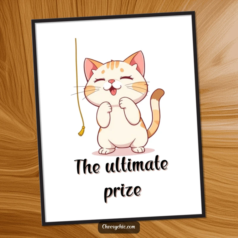 Funny poster of a cute cat intensely batting at a dangling string, capturing extreme focus and playful energy.