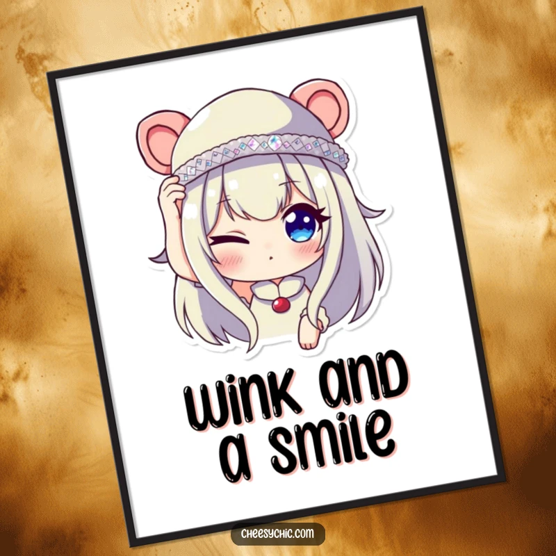 Funny poster of a character winking slyly while adjusting a tiny, sequined hat, creating an image of playful charm and style.