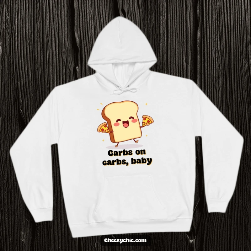 Funny hoodie showing a happy toast aggressively juggling three miniature pizzas, perfect for cozying up with a side of humor.
