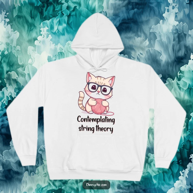 Funny hoodie with a cute cat in reading glasses, intensely staring at a yarn ball, intelligent and humorous design.
