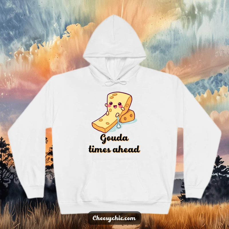 Funny Hoodie depicting a gleeful cheese slice character enjoying a waterslide ride on a cracker, embracing comic food art.
