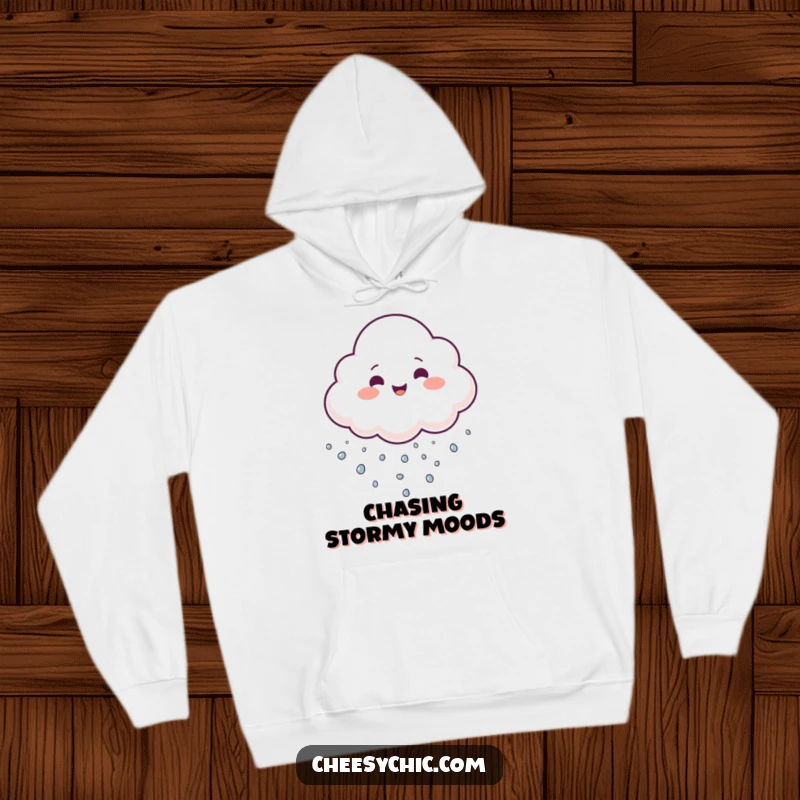 Funny Hoodie featuring a cheerful cloud juggling tiny sparkling droplets, radiating warmth and celestial fun.