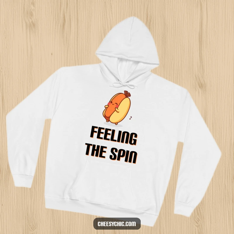 Funny Hoodie featuring a dizzy hot dog character in a spin on its bun, embodying playful chaos.