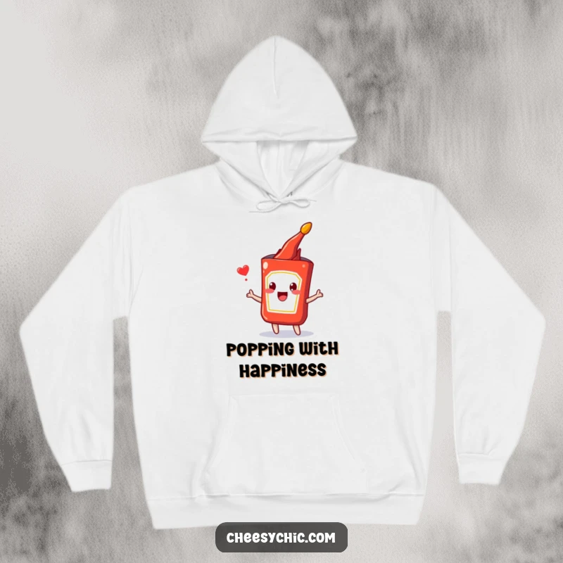 Funny hoodie featuring an adorable anthropomorphic ketchup packet in the joyful act of happily bursting, symbolizing pure excitement.