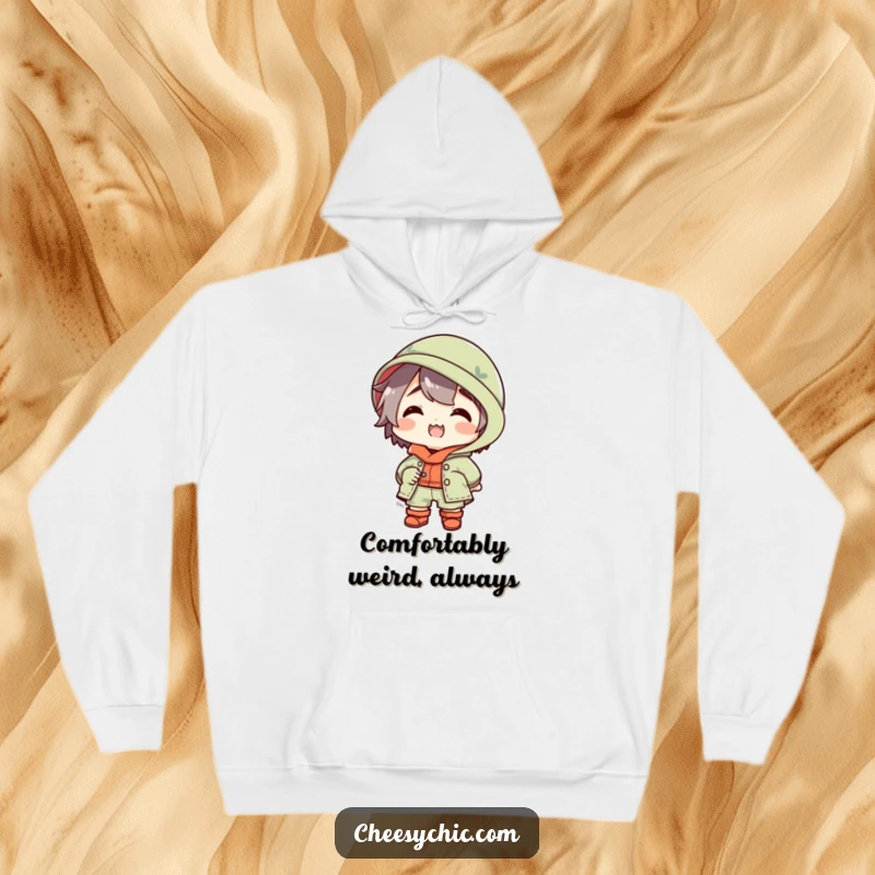 Funny hoodie showcasing a small stylized character in a spectacularly mismatched outfit, radiating pure, unadulterated delight and quirky charm.