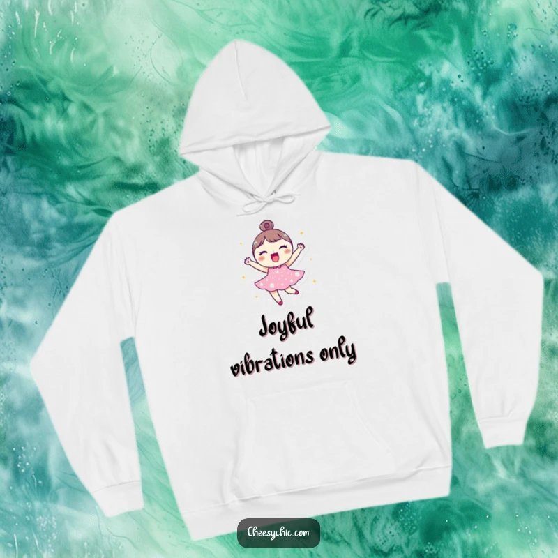 Funny hoodie with a small, round character in a sparkly dress, happily bouncing with contagious excitement and warmth.