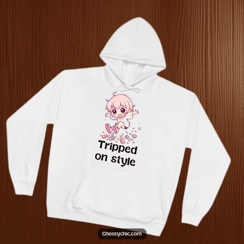 Soft hoodie featuring a funny character playfully tripping, with a cascade of tiny, shiny shoes scattering.