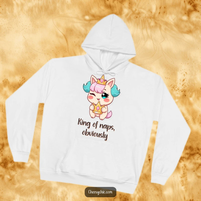 Funny hoodie featuring a stylized character winking devilishly, a miniature shimmering crown in hand, embodying playful royalty and fun vibes.