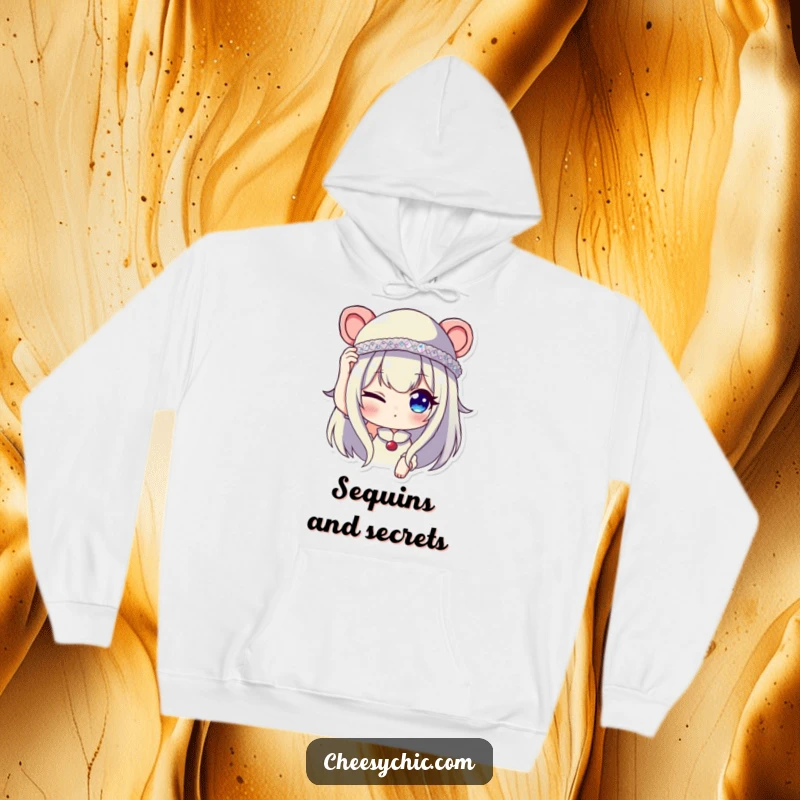 Funny hoodie showcasing a character winking playfully while adjusting a tiny, sequined hat, offering warmth and a stylish touch.