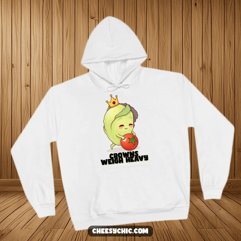 Funny hoodie depicting an anthropomorphic lettuce, crowned and stumbling dramatically over a ripe tomato.