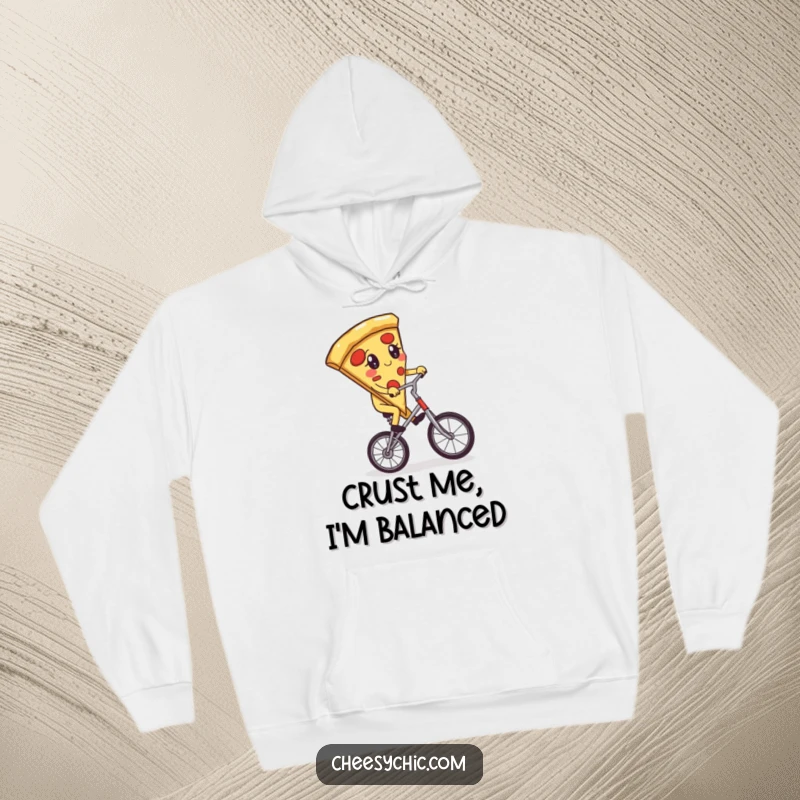 Funny hoodie featuring an adorable anthropomorphic pizza slice attempting to ride a unicycle, perfect for chilly days and playful moments.