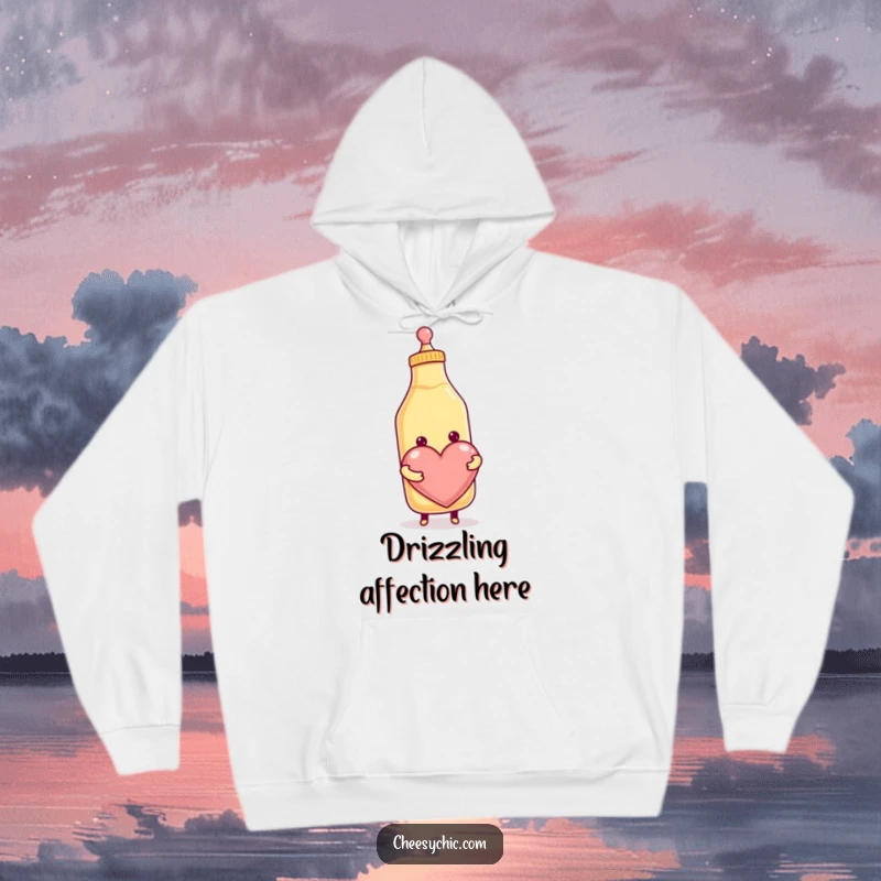 Funny hoodie showcasing a smiling anthropomorphic condiment bottle in the act of squeezing out a big, loving heart, spreading cheer.