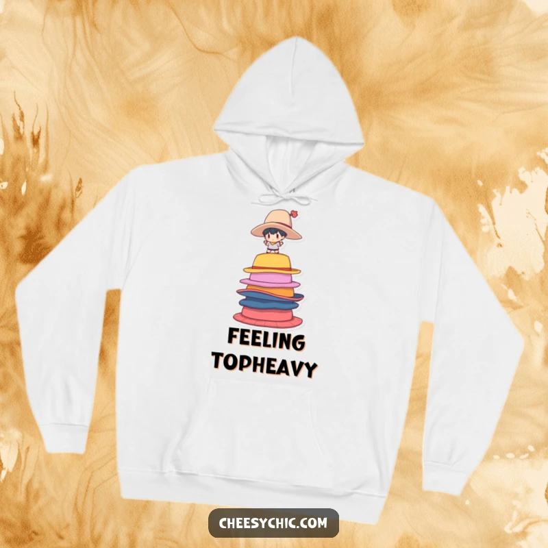 Funny Hoodie depicting a small stylized character attempting to balance on a wobbly, oversized stack of vibrant hats.