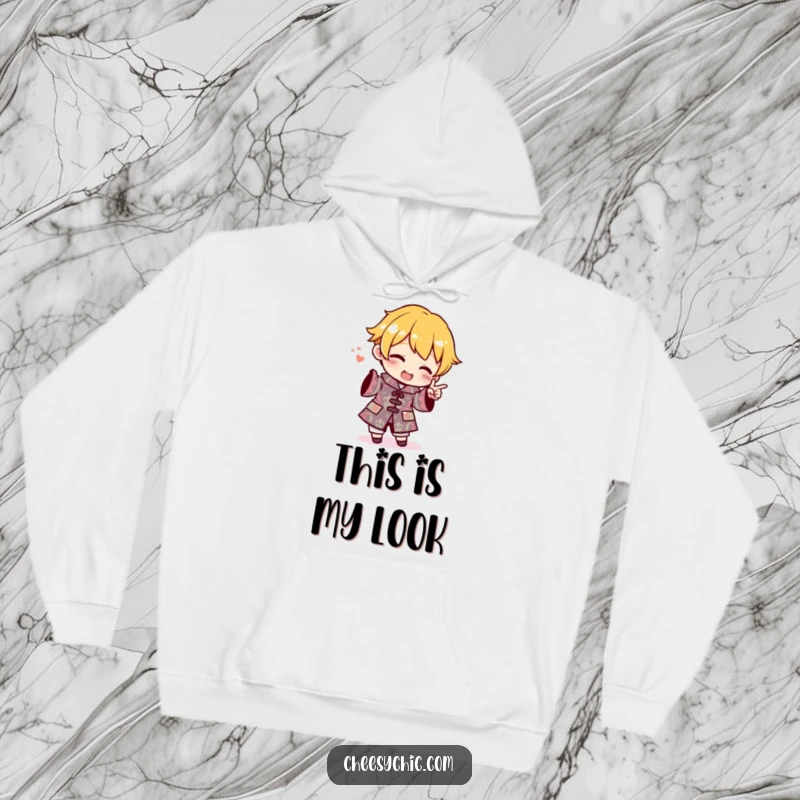 Funny Hoodie showing a small stylized character excitedly pointing at an outfit featuring an extremely loud and ridiculous pattern.