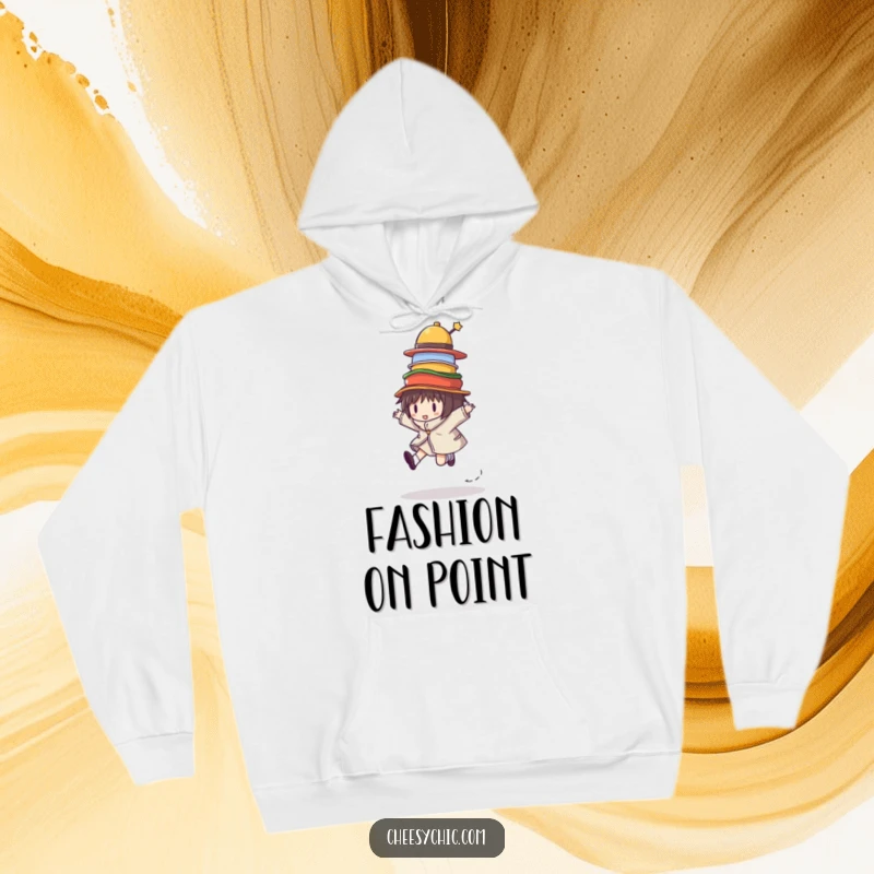 Funny hoodie depicting a character skipping merrily, precariously balancing a tower of colorful hats, symbolizing joyful chaos.