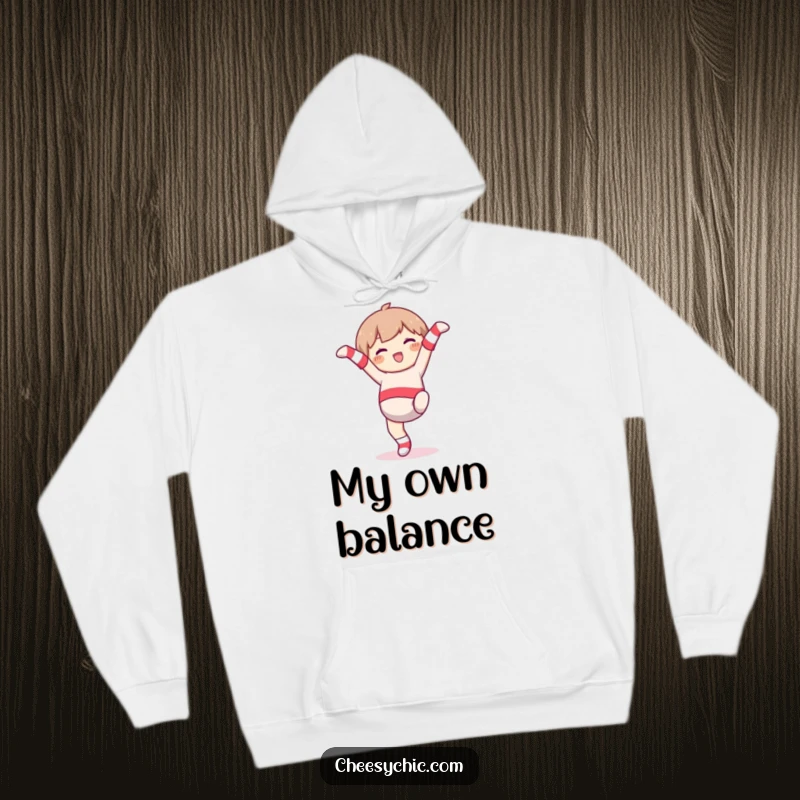 Funny Hoodie: Character wearing mismatched socks, attempting a cartwheel with glee, soft and humorous apparel.