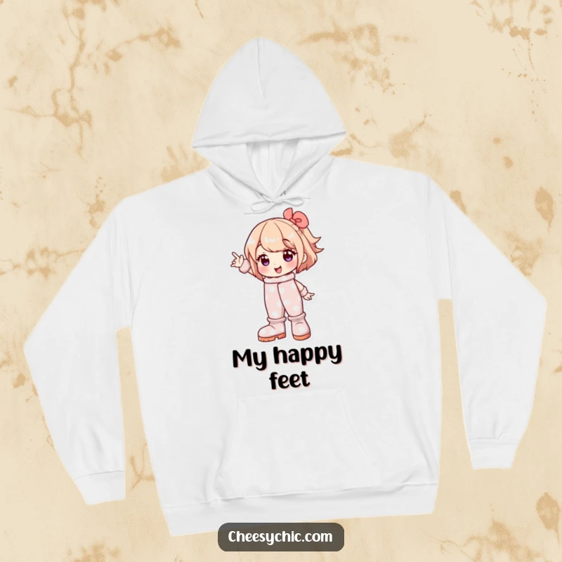 Funny hoodie depicting a character in large polka dot boots, striking a goofy, cheerful pose, symbolizing playful confidence.