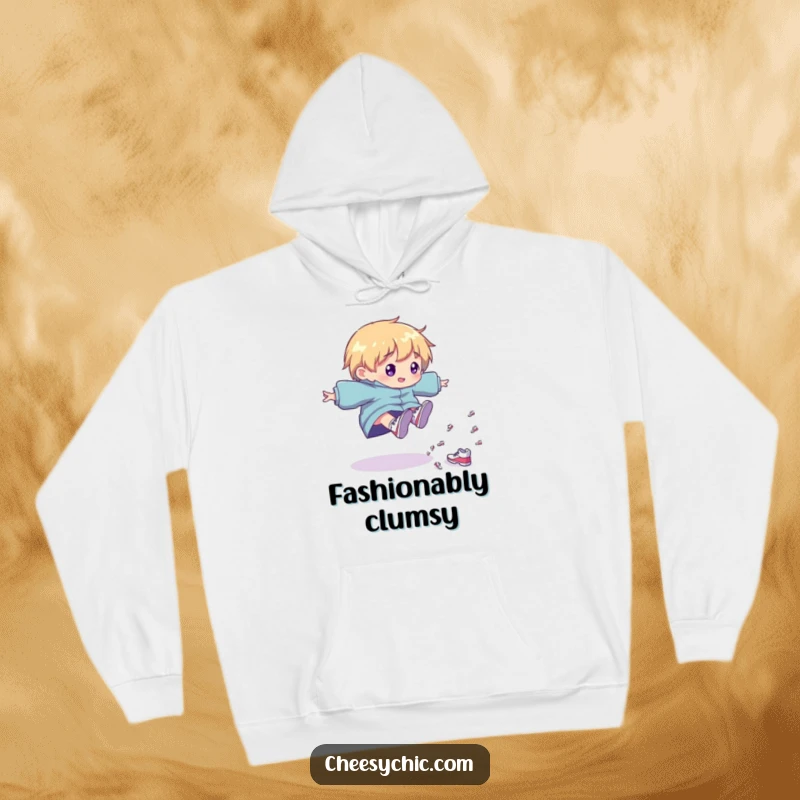 Funny Hoodie: Character tripping playfully, with a cascade of tiny shiny shoes, a warm and humorous apparel.