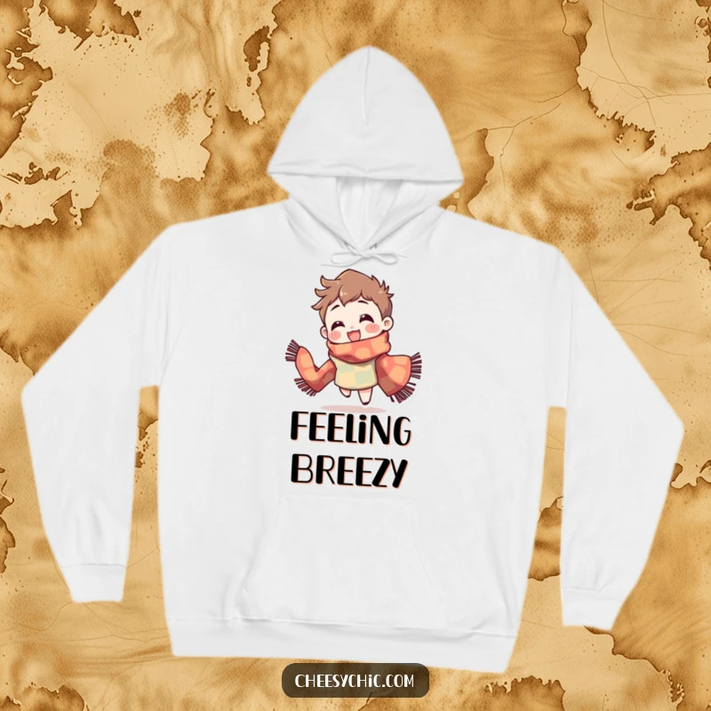 Funny Hoodie: Character wearing a brightly patterned scarf, spinning with a delighted expression, cozy and fun apparel.